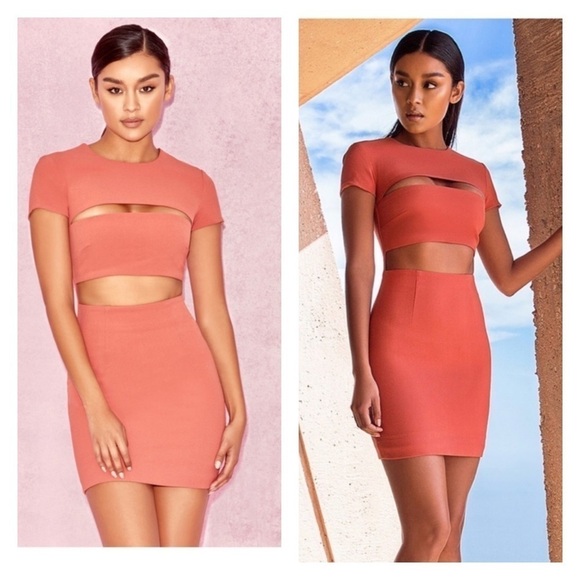 NWT House of CB Salmon Coral Cutout Short Sleeve Bodycon Mini Dress Size M - Picture 4 of 15